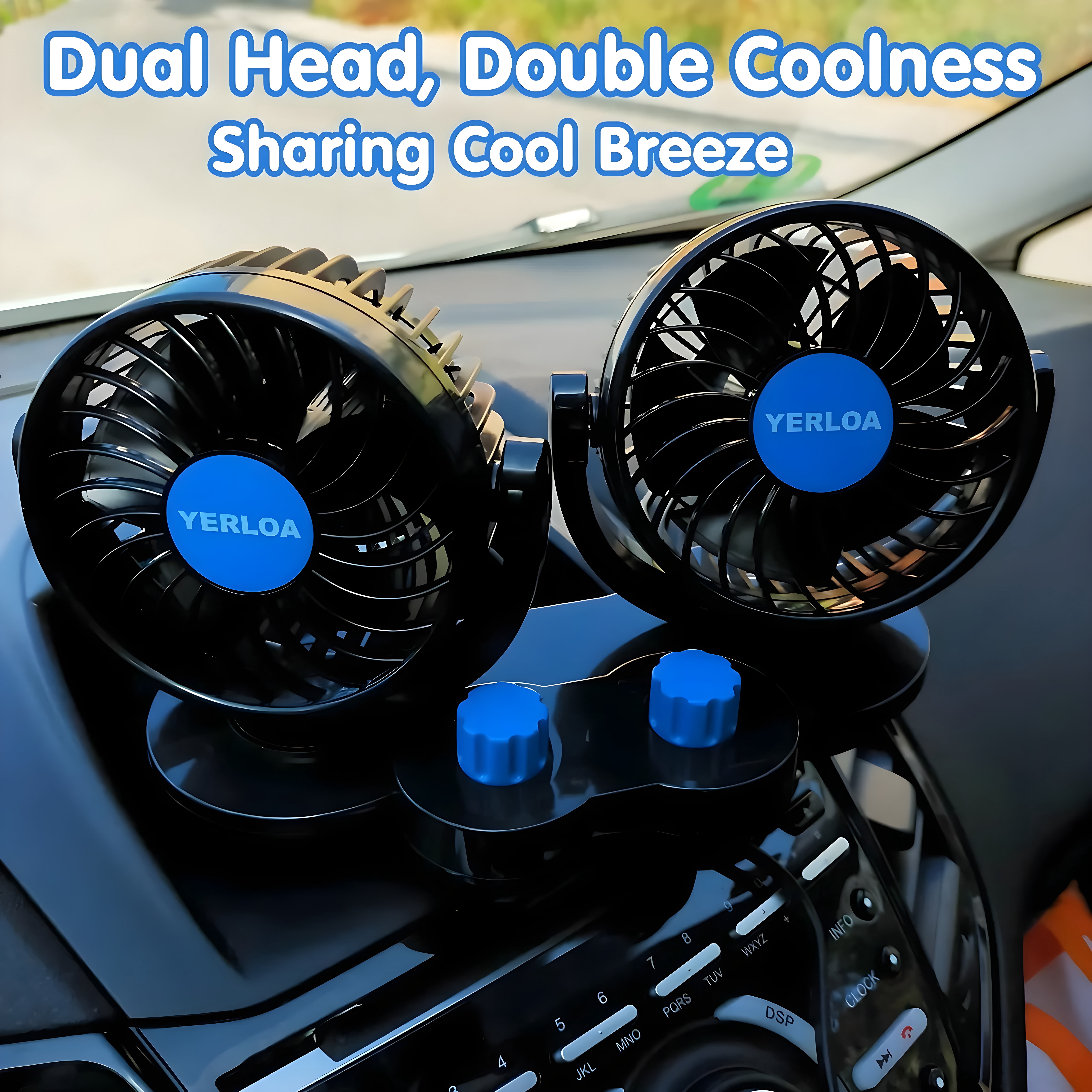 Yerloa Car Fan, 12 Volt Fans for Vehicles, 360 Degree Rotatable Car Fan Cooling Air Fan, Quiet Strong Dashboard Car Fans for Cooling Inside Car, Electric 2 Speed Dual Head Fan for SUV, RV, Vehicles