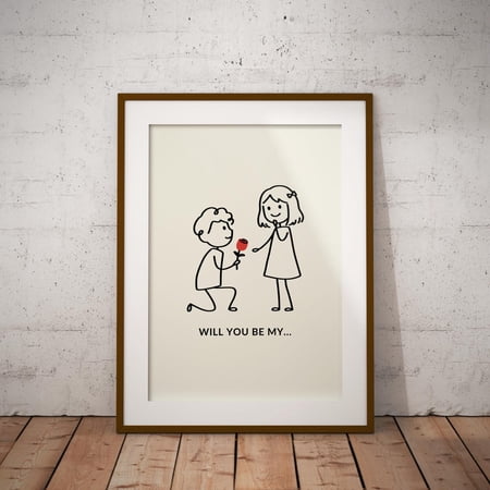Stick Figure Engagement Minimalist Couples Print 1St Anniversary Gift Unframed Paper Print