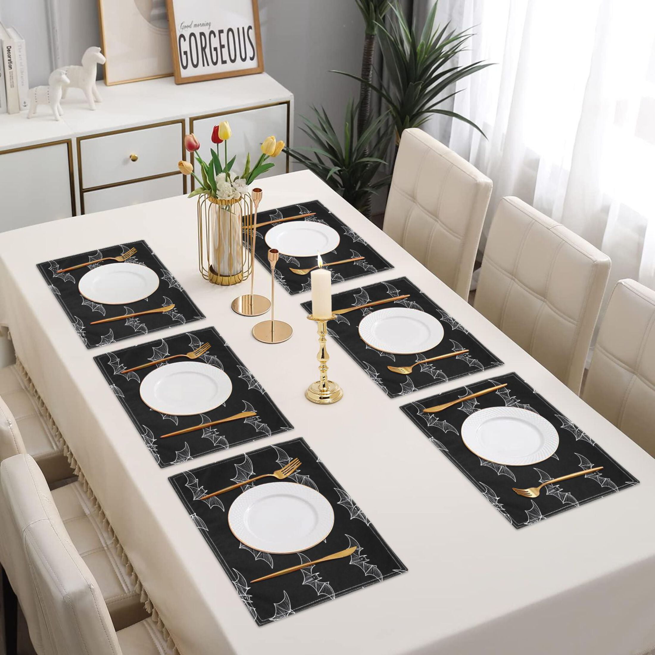Black Bat Placemats Set of 6 Coffee Mats, Non Slip Backing 18x12 Inch for Home and Restaurants