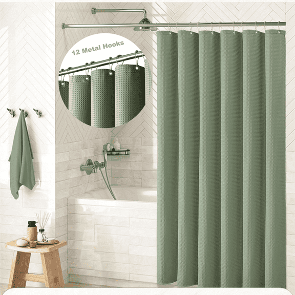Green Shower Curtain, Waffle Weave Fabric Shower Curtain, Machine Washable Bath Curtains with 12 Metal Hooks, 72Wx72H