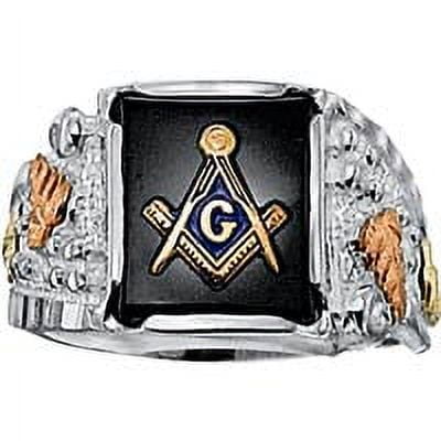 Mens Black Hills Gold Masonic Ring in Sterling Silver with 14 X 12 Natural Onyx