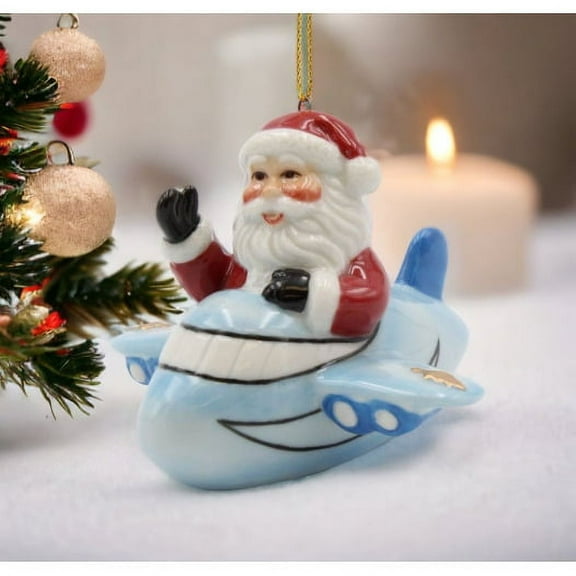 Ceramic Santa Ornament Blue Airplane 3.5 Inch Christmas