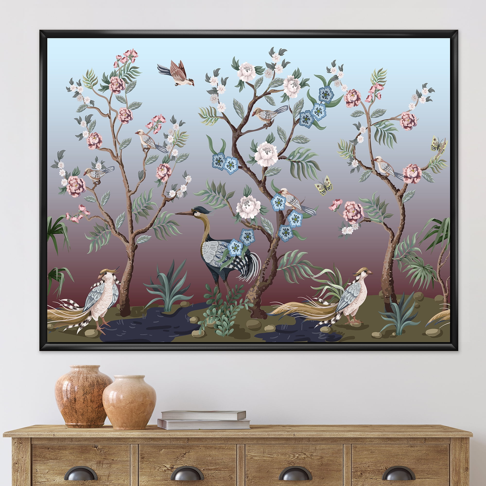 Designart 'Chinoiserie With Peonies and Birds XI' Traditional Framed Canvas Wall Art Print