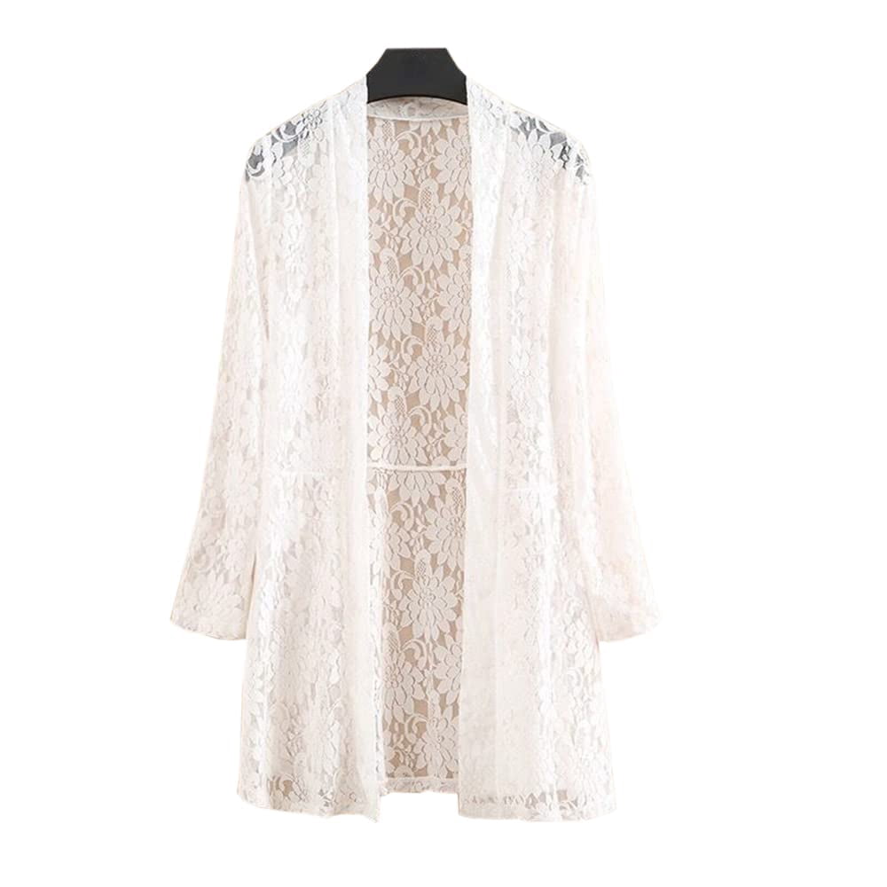 Women's Crochet Tie Front Cardigan - Lightweight Beach Cover Up, Long Sleeve Hollow Out Sweater