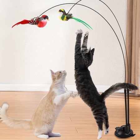 Interactive Bird Simulation Cat Toy Set -2 Teaser Poles 4 Replacement Birds 1 Feather & 1 Mouse - Self-Stick Base for Realistic Hunting Fun