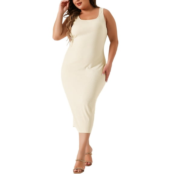 DARING DIVA Plus Size Sleeveless Square Neck Bodycon Midi Tank Dress 1X Apricot