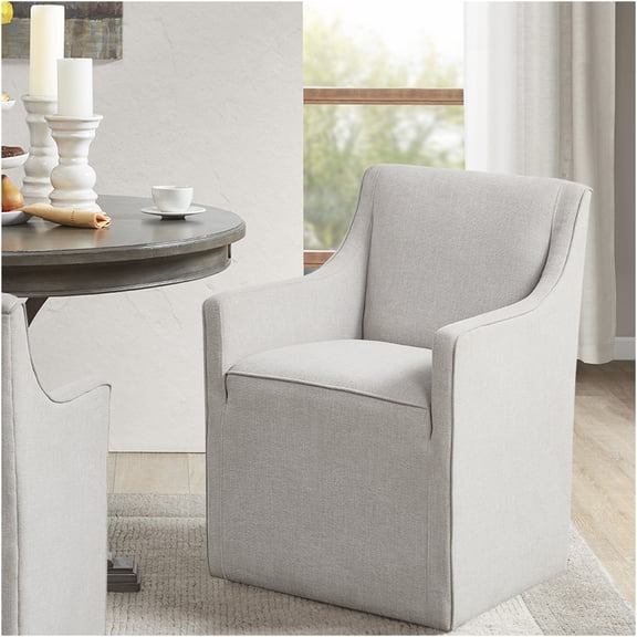 JERFIT Upholstered Dining Chair with Wheels, Farmhouse Style Armchair with Padded Back & Hidden Casters, Slipcover Design, Light Grey Polyester Fabric, Comfortable Rolling Seat