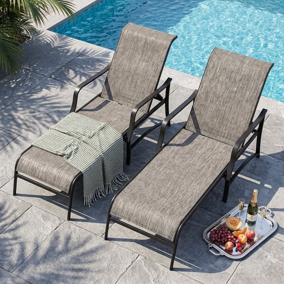 Nuu Garden Outdoor Textilene and Metal Lounge Chairs Set of 2, Pool Lounge Chairs with 5-Level Adjustable Backrest, Durable Lounge Chairs, All Weather Patio Lounge Chairs, Black and Brown