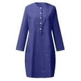 thumbnail image 5 of Elainilye Fashion Long Sleeve Dresses For Women Round-Neck Pockets Button Dress Solid Color Cotton Linen Dress,Blue, 5 of 5