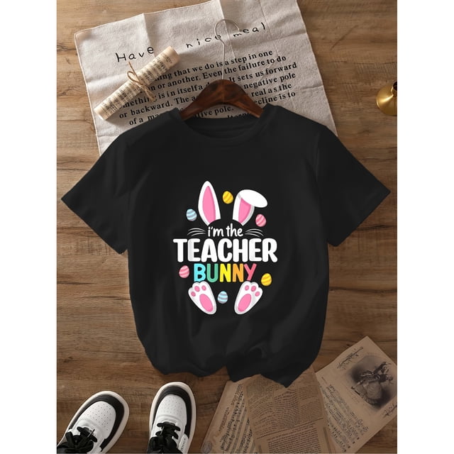 Camiseta con estampado de conejo de Pascua, top casual de manga corta y cuello redondo para verano y primavera, ropa de mujer