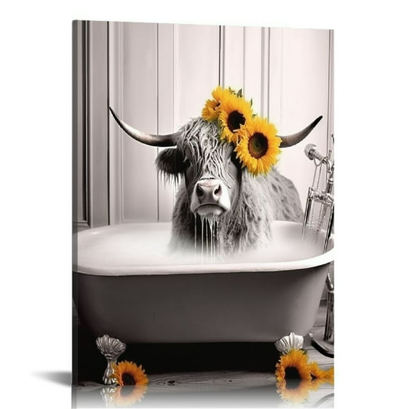JRXY Highland Cow Wall Art Canvas Prints Black and White Cow Picture for Wall Decor Stretched 12x16 in