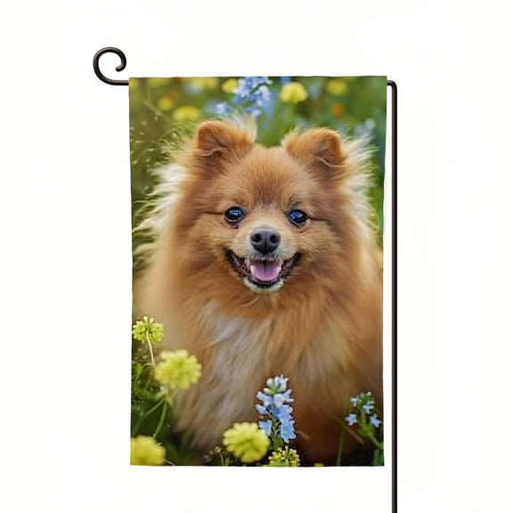 QKZF Garden Flag Spring Pomeranian Dog On Flowers Seasonal Holiday Yard House Flag Banner Decorative Double Side Flag White