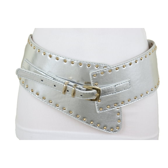 Women Wide Western Stretch Faux Leather Silver Fashion Belt Gold Stud S