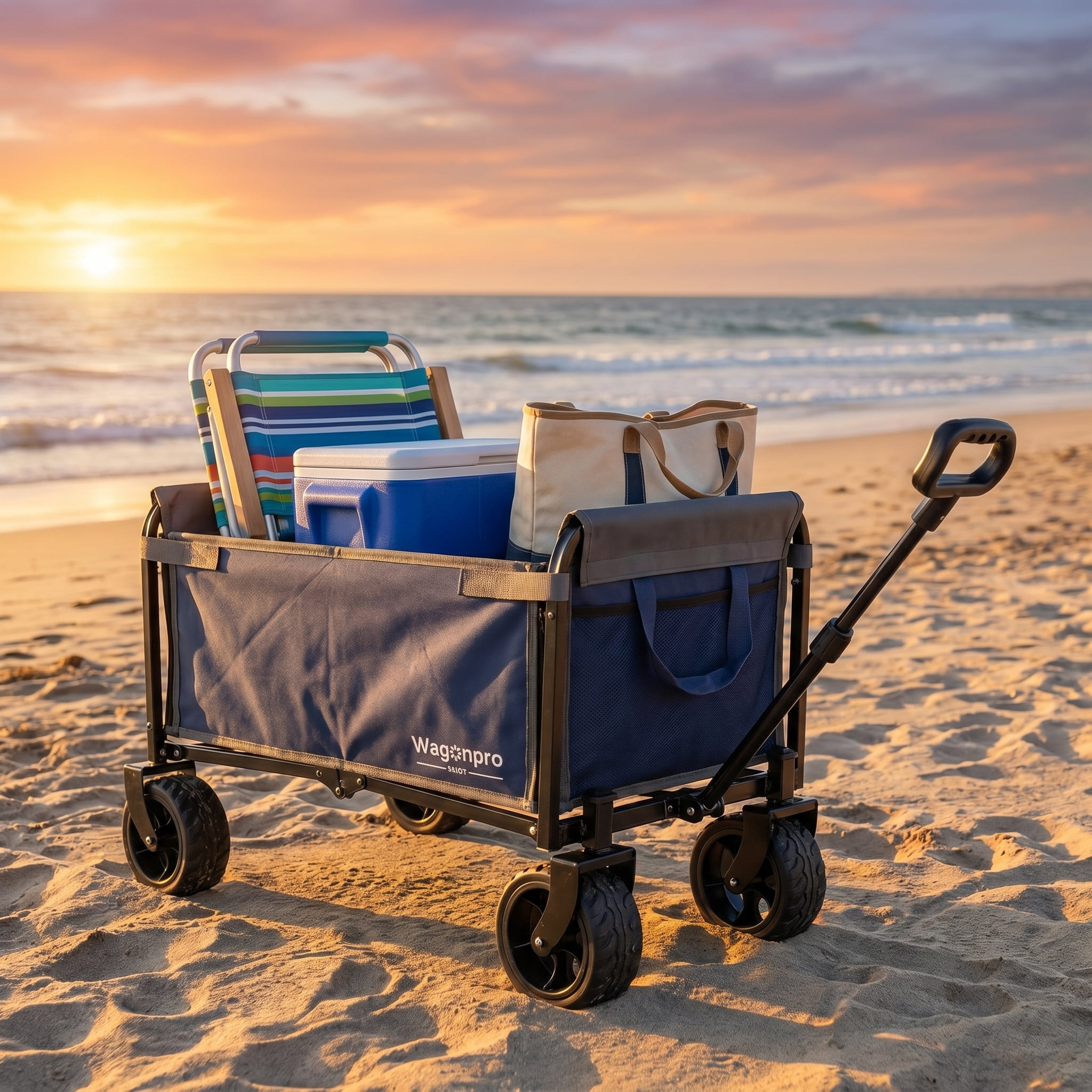 Heavy Duty Collapsible Wagon, 220 Lbs Utility Cart with 5" All-Terrain Wide Wheels & Drop-Down Side, Dark Blue