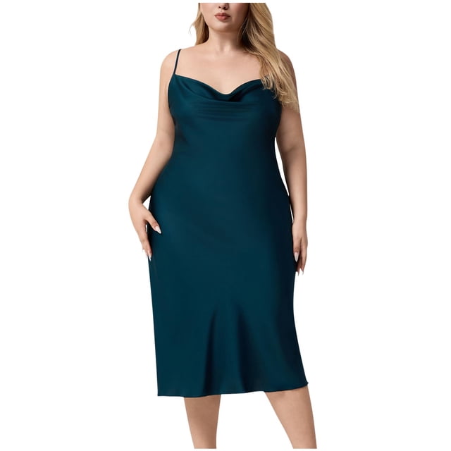 ShomPort Chemise de Nuit Grande Taille pour Femmes Couleur Unie Satin Col Bénitier Nuisette Bretelles Spaghetti Robe Cami