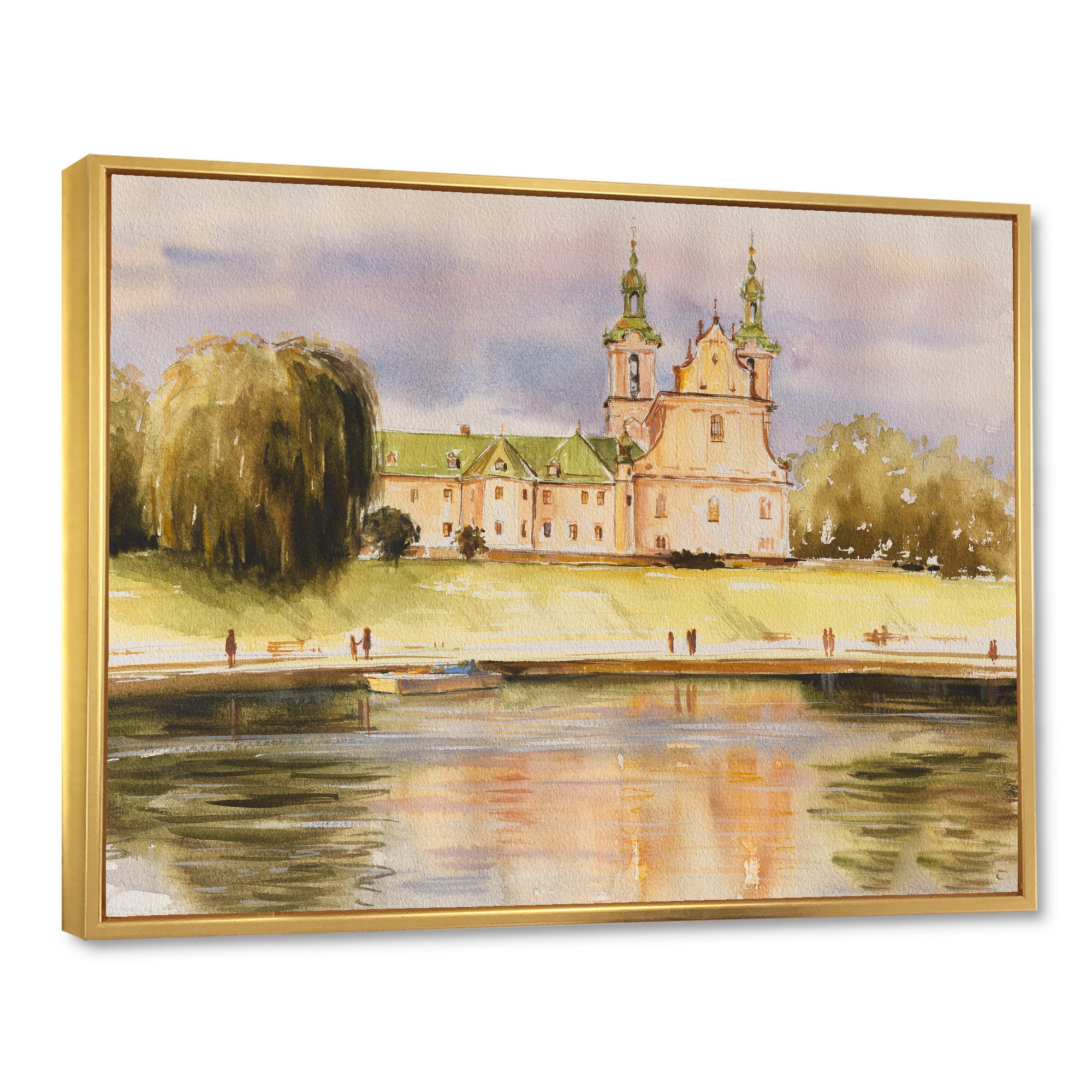 Designart 'Historical Church On The Rock On Banks of The River' Lake House Framed Canvas Wall Art Print