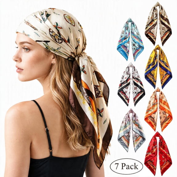 7 Pack Retro Printed Satin Square Scarves for Women, Multi-use Head Wraps, Fashion Four-Leaf Pattern Bandana Shawl Headscarves