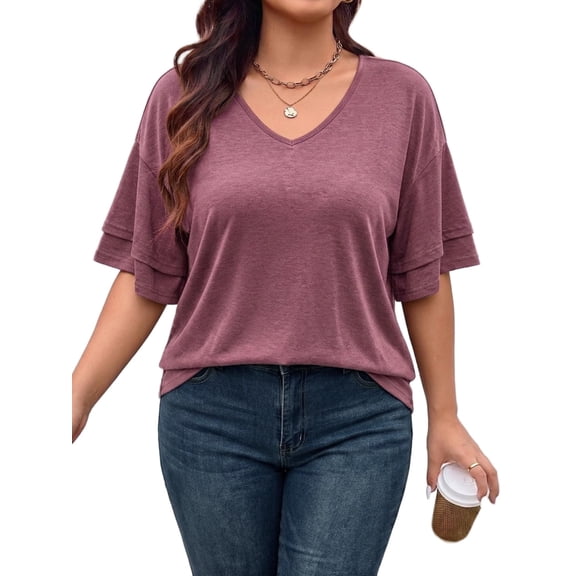 Mengpipi Women's Plus Size Tops Summer Short Sleeve V-Neck Ruffle Trim Loose Fit Solid Color Casual Blouse 1X-5X