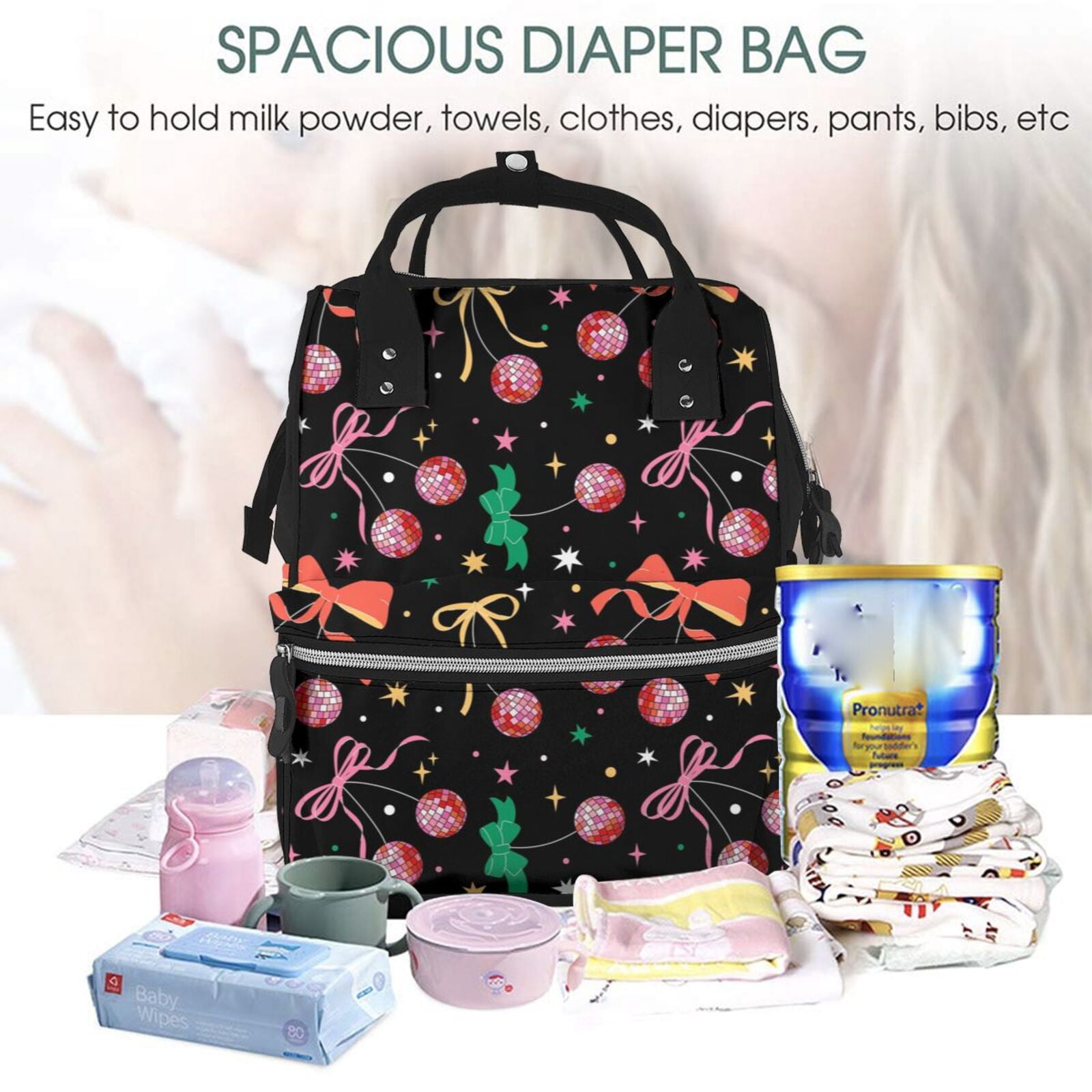 Ratiio Disco Mirror Ball Mummy Backpack - Waterproof Twill Canvas, Large Capacity Diaper Bag with Multiple Pockets and Adjustable Straps