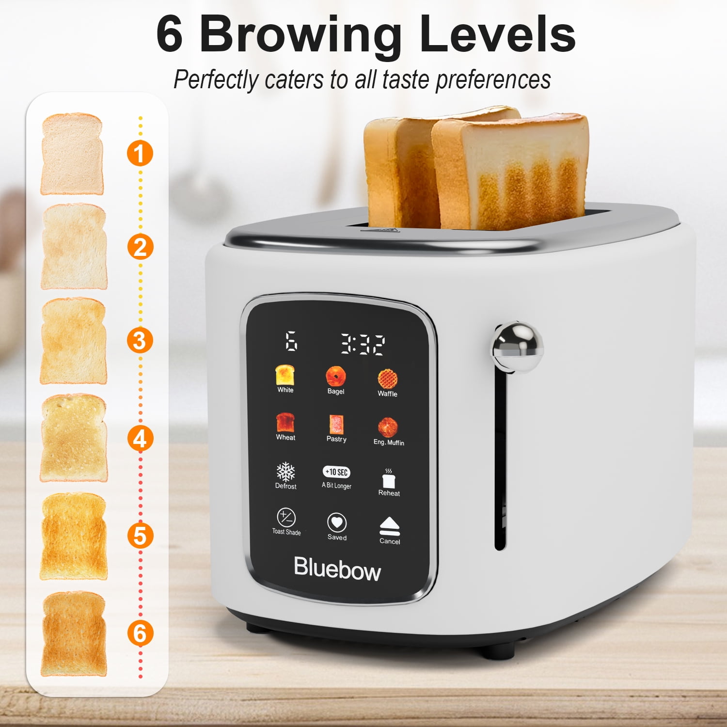 Bluebow 2-Slice Toaster with Touchscreen, 1.5" Wide Slots, 6 Bread Types & Shade Settings, Reheat, Defrost, Cancel, Removable Tray