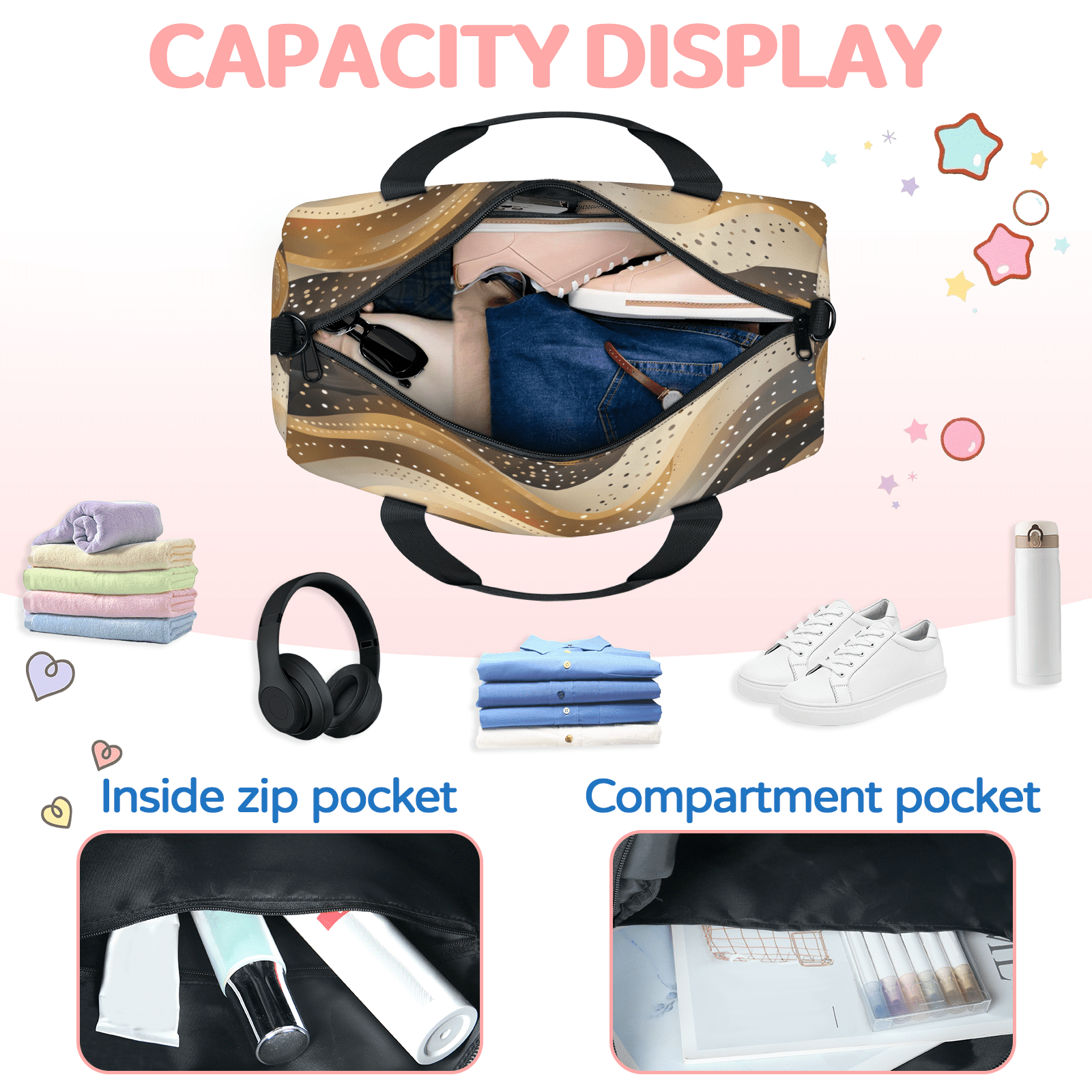 Herdesigns Gold Travel Duffle Bag Sports Yoga Weekender Overnight Carry on Workout Bags Lightweight Waterproof Gym Tote Bag for Women Geometric Textured