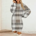 thumbnail image 3 of Women's Round Neck Casual Long Sleeve Plush Plaid Print Dress for Winter Lounging and Casual Outfits,Brown,XL, 3 of 7