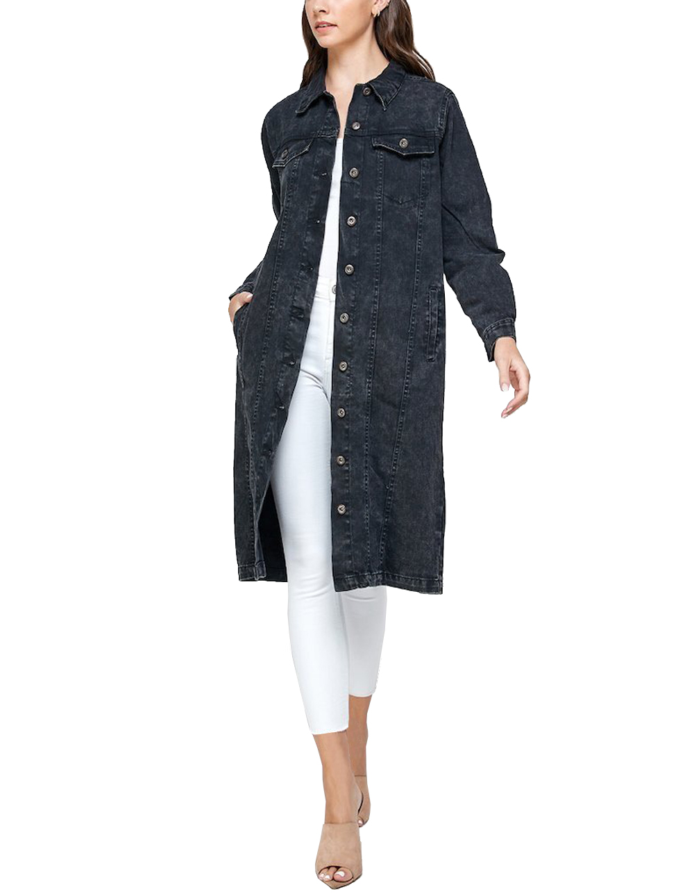 Women's Long Casual Maxi Length Denim Cotton Coat Oversize Button Up Jean Jacket (Mineral Black, M) - image 2 of 6