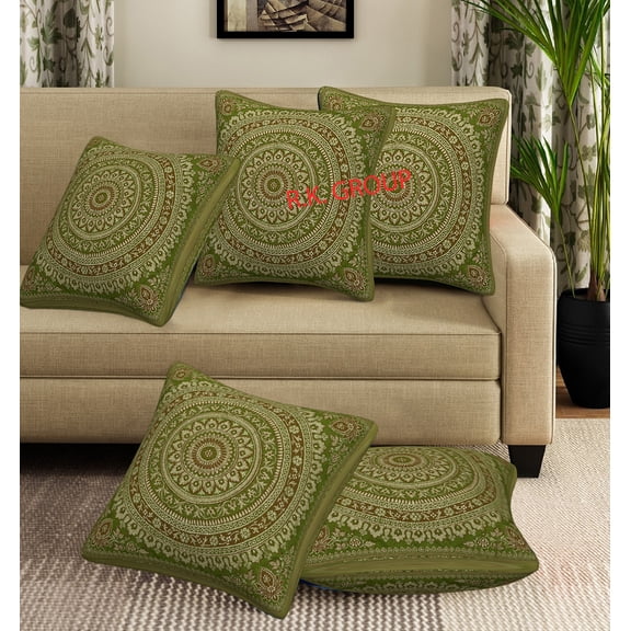 Indian 10 PC Bohemian Brocade Decorative Throw Pillow Covers Couch Shams 16x16 Traditional Jacquard Sofa Bedroom Cushion Covers Polydupion Silk Mandala Square Pillowcases(Green 16X16 inches)