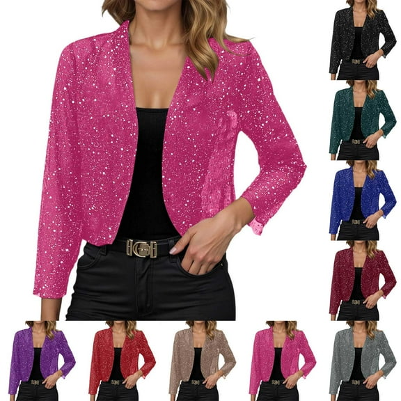 TrendOFT Women’s Sequin Short Jackets Long Sleeve Open Front Coat Glitter Blazer Casual Coat Party Clubwear Black L