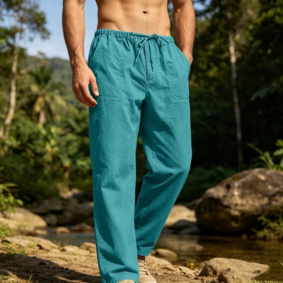 Cotton Linen Pants for Men Baggy Elastic Drawstring Joggers Trouser Summer Casual Lightweight Breathable Beach Pants, 2XL