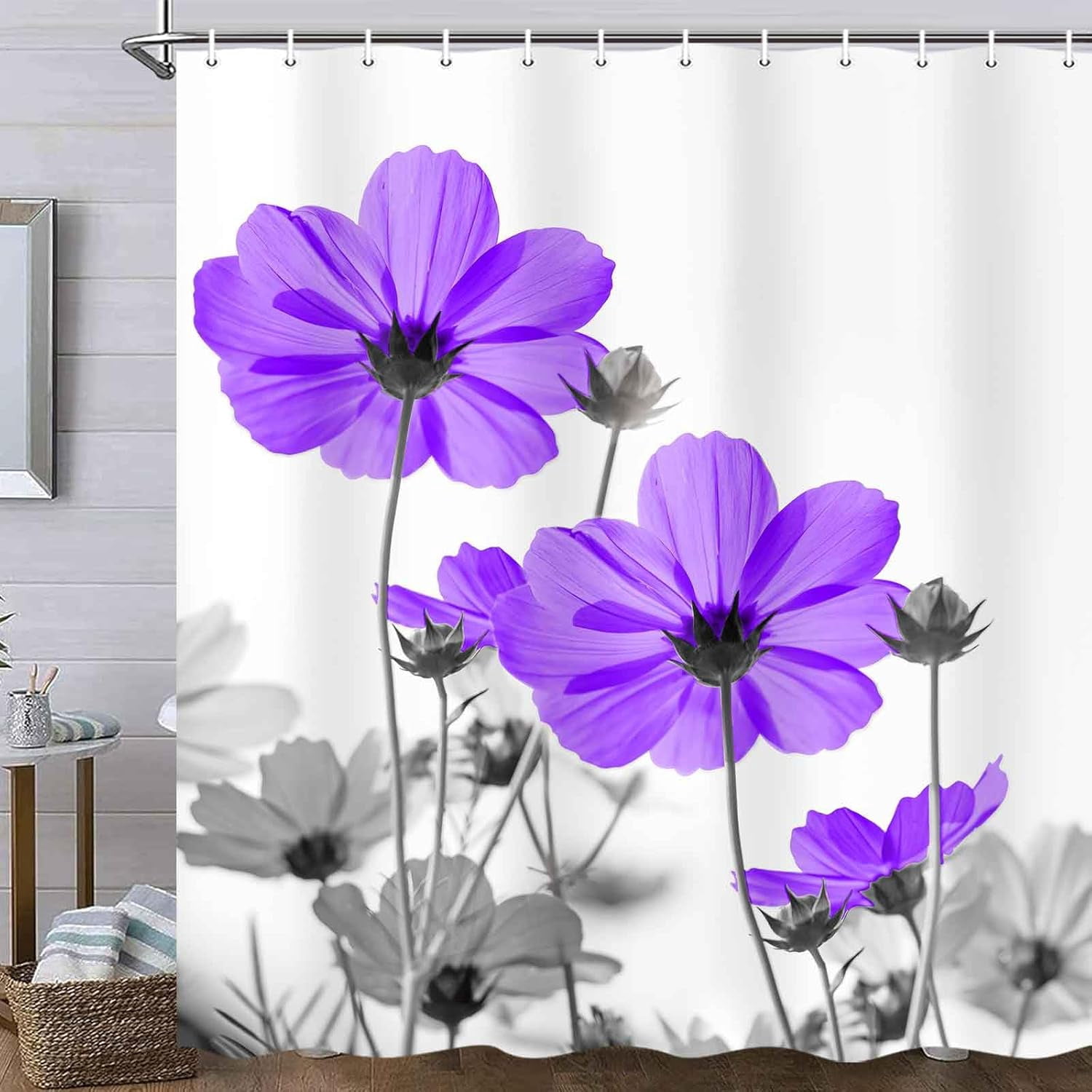 Unique Floral Purple Shower Curtain for Bathroom Decor, Purple and Gray Daisy Flower Elegant Wildflower Design Farmhouse Shower Curtains with Hooks Set, 72X72in