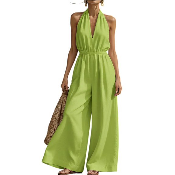 JULMCOMO Jumpsuits for Women Deep V Neck Open Back Dressy Jumpsuits Wide Leg Sleeveless Belted Pleated One Piece Summer Outfits Light Green 2XL