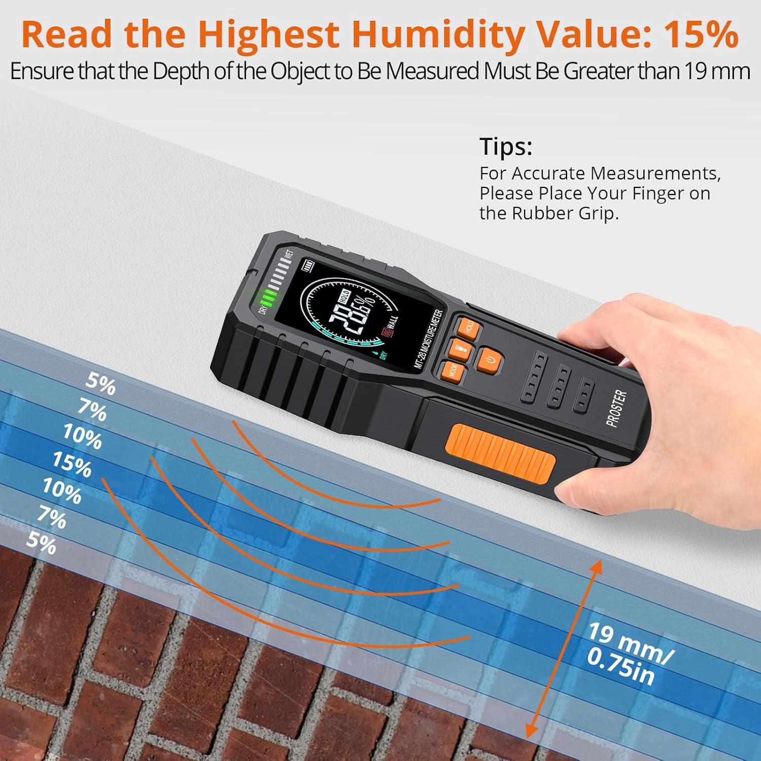 Proster Pinless Wood Moisture Meter - Non Destructive Moisture Tester for Wood Wallboard Masonry, Detect up to 3/4 Inch Below Surface, Backlit Color LCD, Visual Audible Alarm