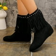 thumbnail image 3 of Hidden Wedges Mid Calf Fringe Boots for Women Boho Winter Fall Studded Suede Round Toe Dress Cowgirl Booties Black Size 6.5, 3 of 7
