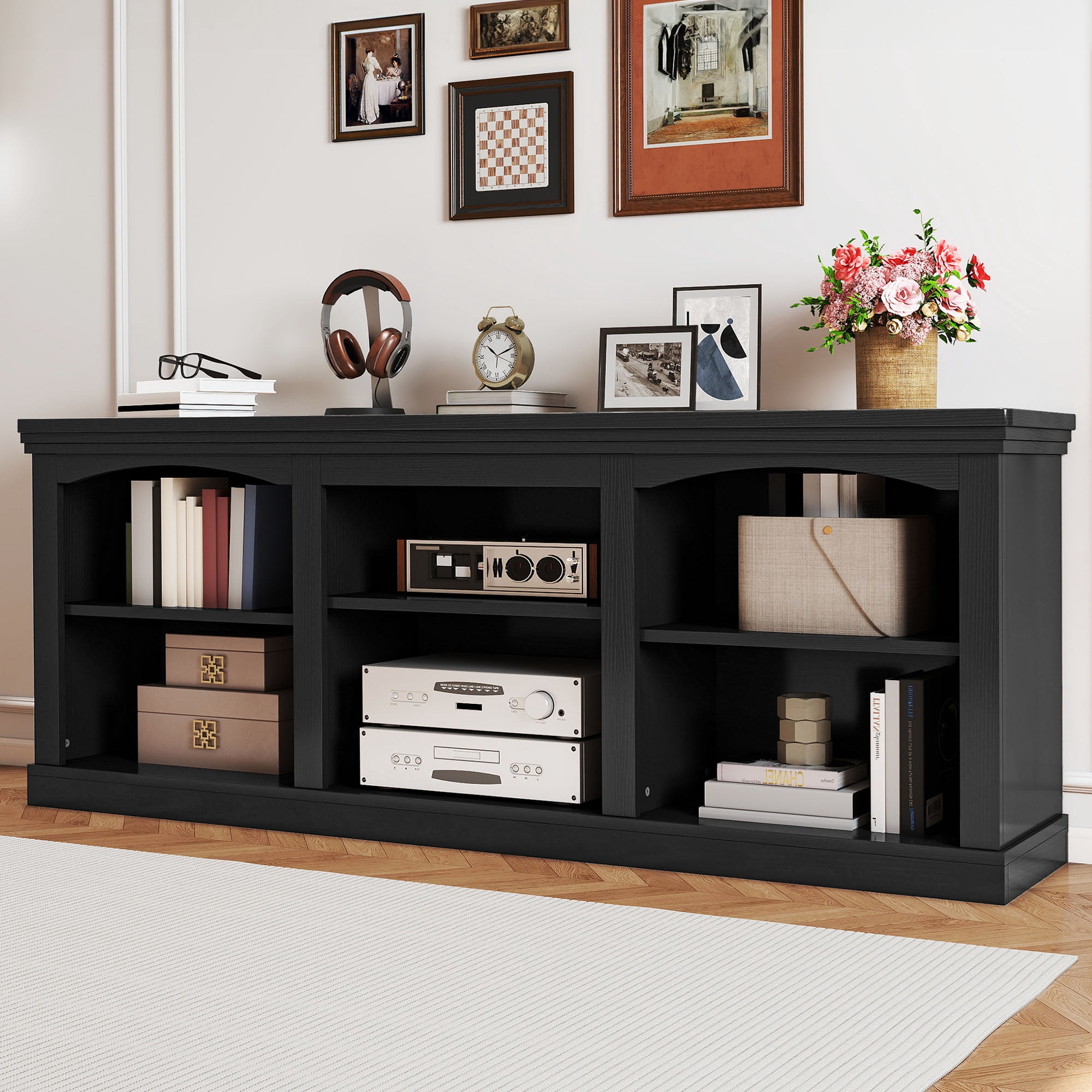 Uforic TV Stand for 80 Inches TV, Farmhouse Entertainment Center with Adjustable Shelf & Storage Cabinets, Black