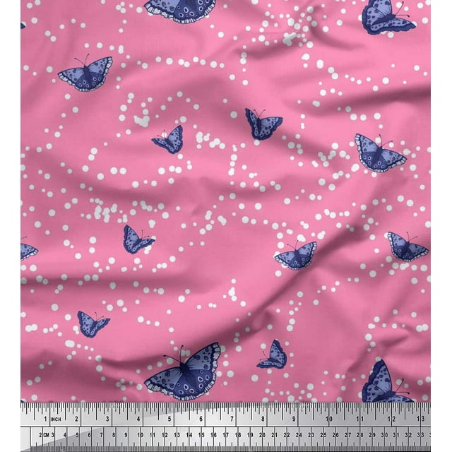 Soimoi Pink Cotton Voile Fabric Dot & Butterfly Print Fabric by Yard 56 Inch Wide
