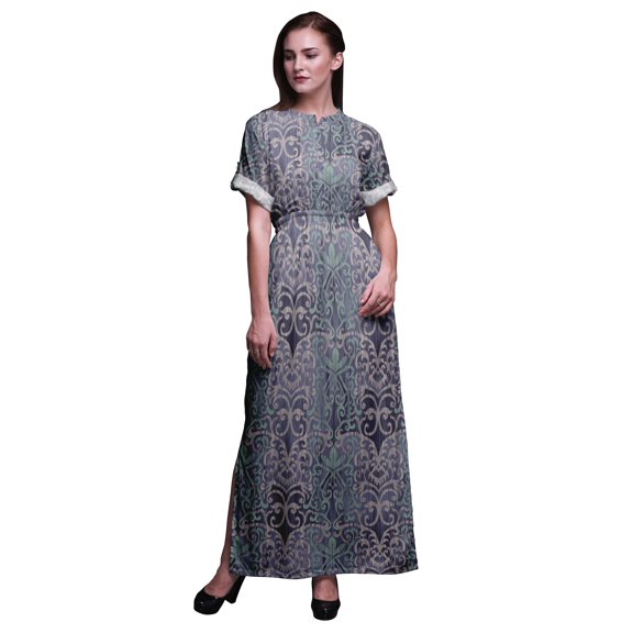 Bimba Rayon Damask Geometric Printed Gown Kimono Sleeves Summer Long Maxi SlitÂ&nbsp;Dress-XX-Large