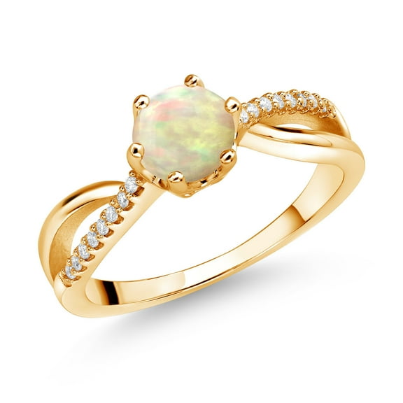 Gem Stone King 18K Yellow Gold Plated Silver Ring Round Cabochon Ethiopian Opal and Moissanite (0.64 Cttw) (Size 6)