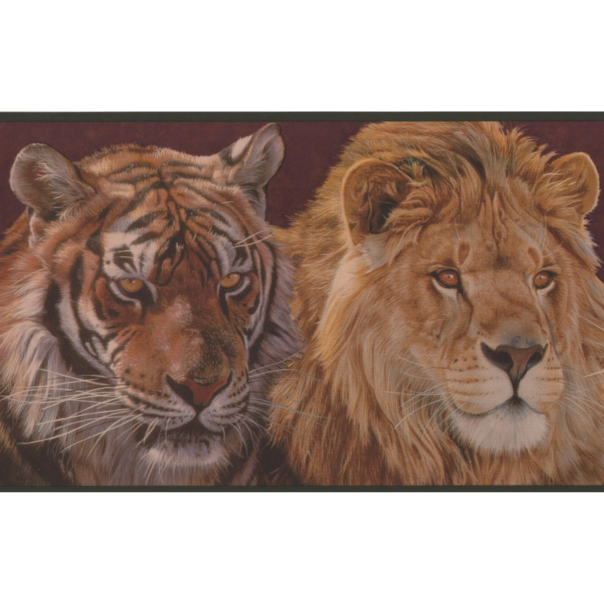 Tiger Lion Jaguar Wine Red Animals Wallpaper Border Retro Design Kitchen  Bedroom Playroom, Roll 15' x 10