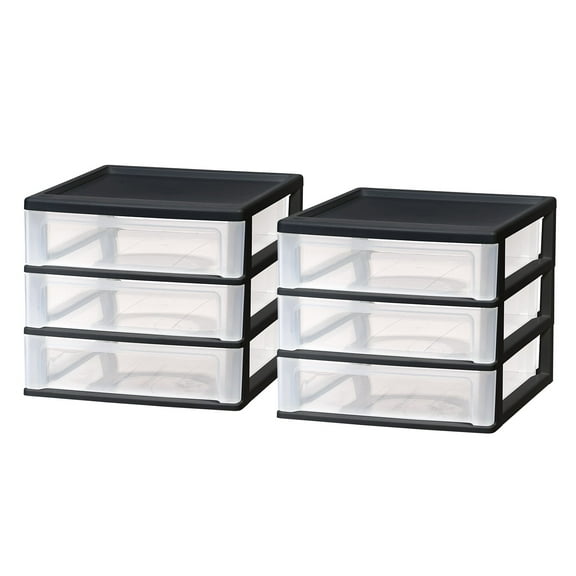 IRIS Medium 3-Drawer Stacking Desktop Organizer, 2 Pack, Plastic Drawer Storage Container for Stationery Art Craft Supplies Kitchen Office, Black