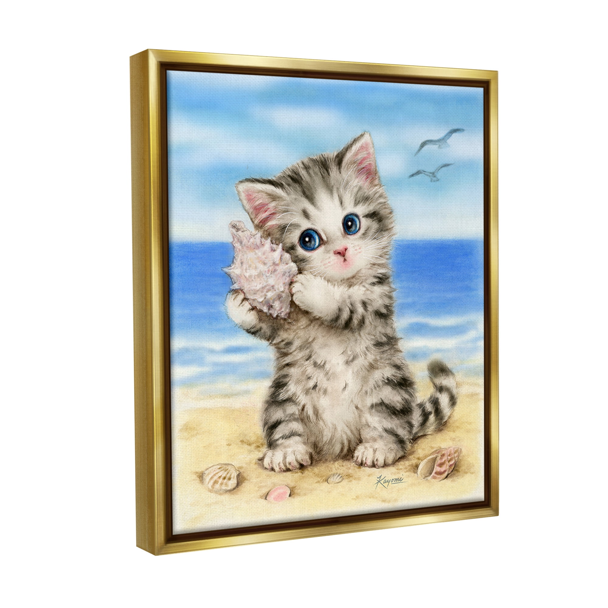 Stupell Industries Kitten with Conch Shell Animals & Insects Painting Gold Floater Framed Canvas Art Print Wall Art, 25 x 31