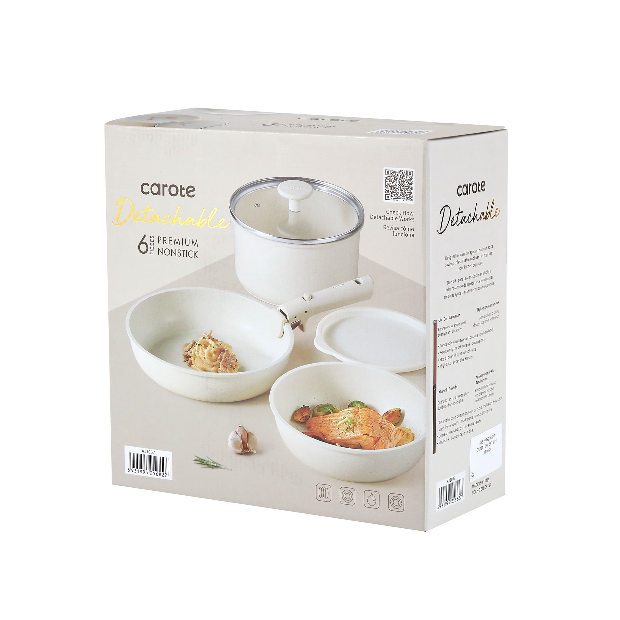 Carote Nonstick Detachable Pots and Pans Set, 6 Pieces Induction Cookware Set, Oven/Dishwasher Safe, Easy for Storage, White Granite