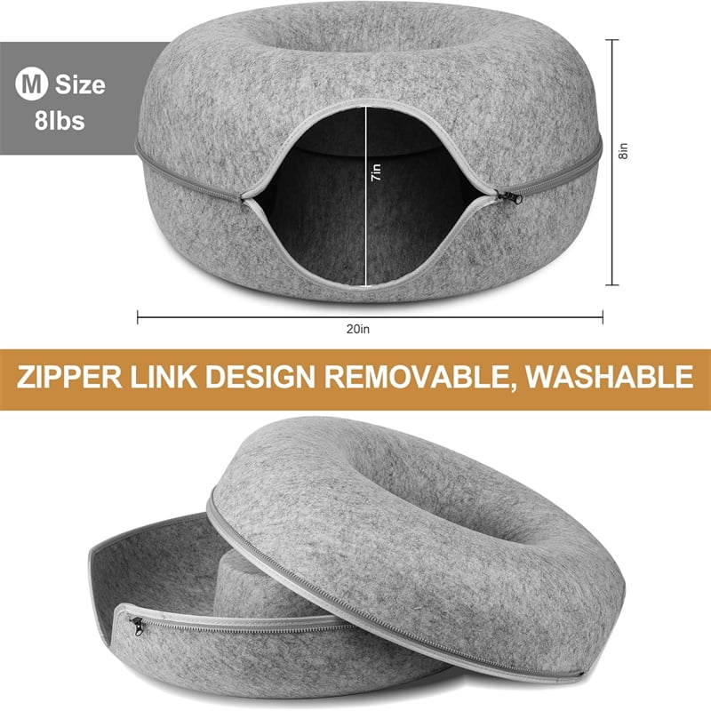 20in Cat Tunnel Bed, Scratch-resistant Donut Cat Bed, Can Accommodate Medium, Small and Large Cats, Detachable and Washable（Light grey）