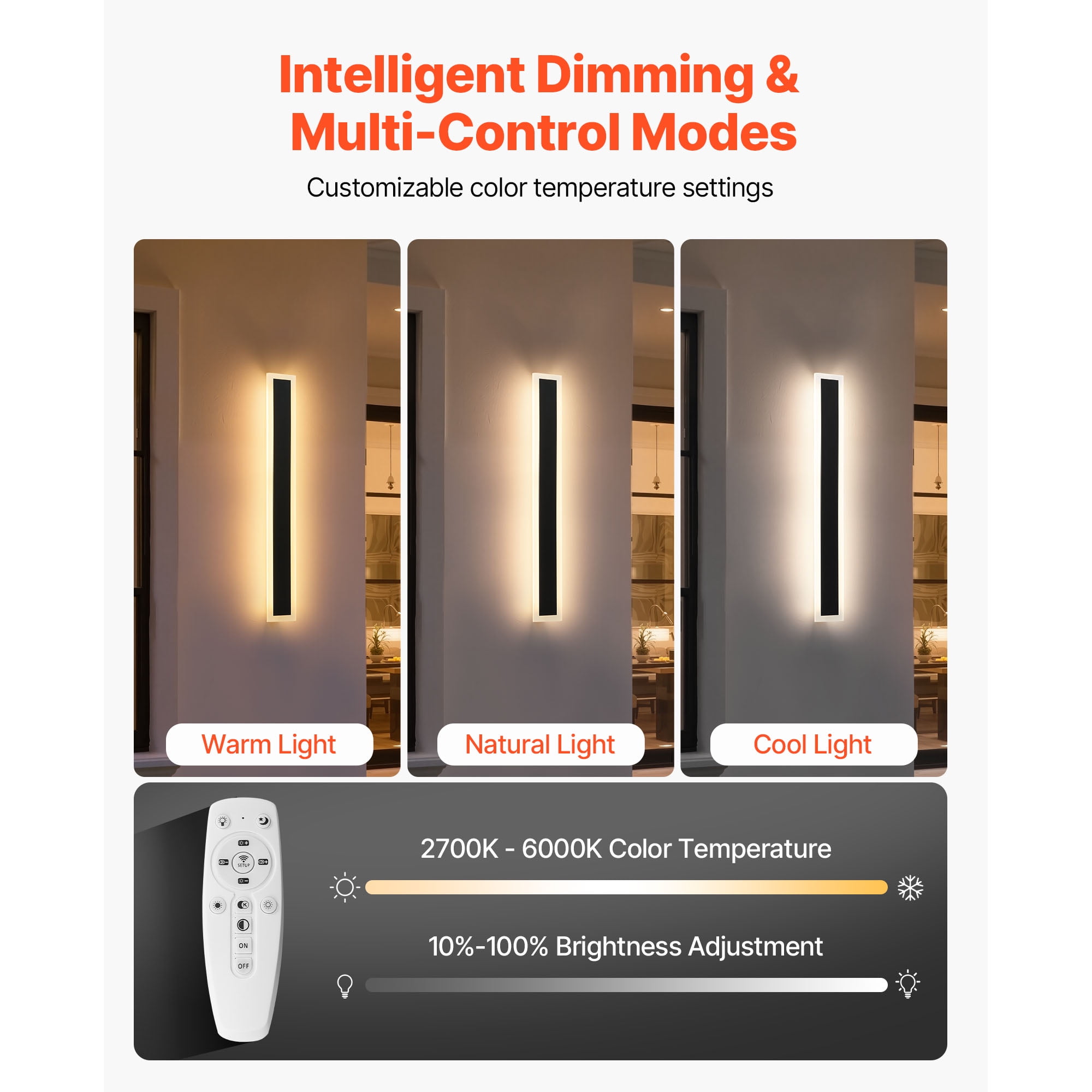 KFFKFF Outdoor Wall Lights, Set of 2, 23.6-Inch Modern Vertical Wall Sconce Fixtures, Adjustable 2700K-6000K, IP65 Waterproof and Rust-Resistant, Dimmable Exterior Lighting for Porch, Garage,and Home