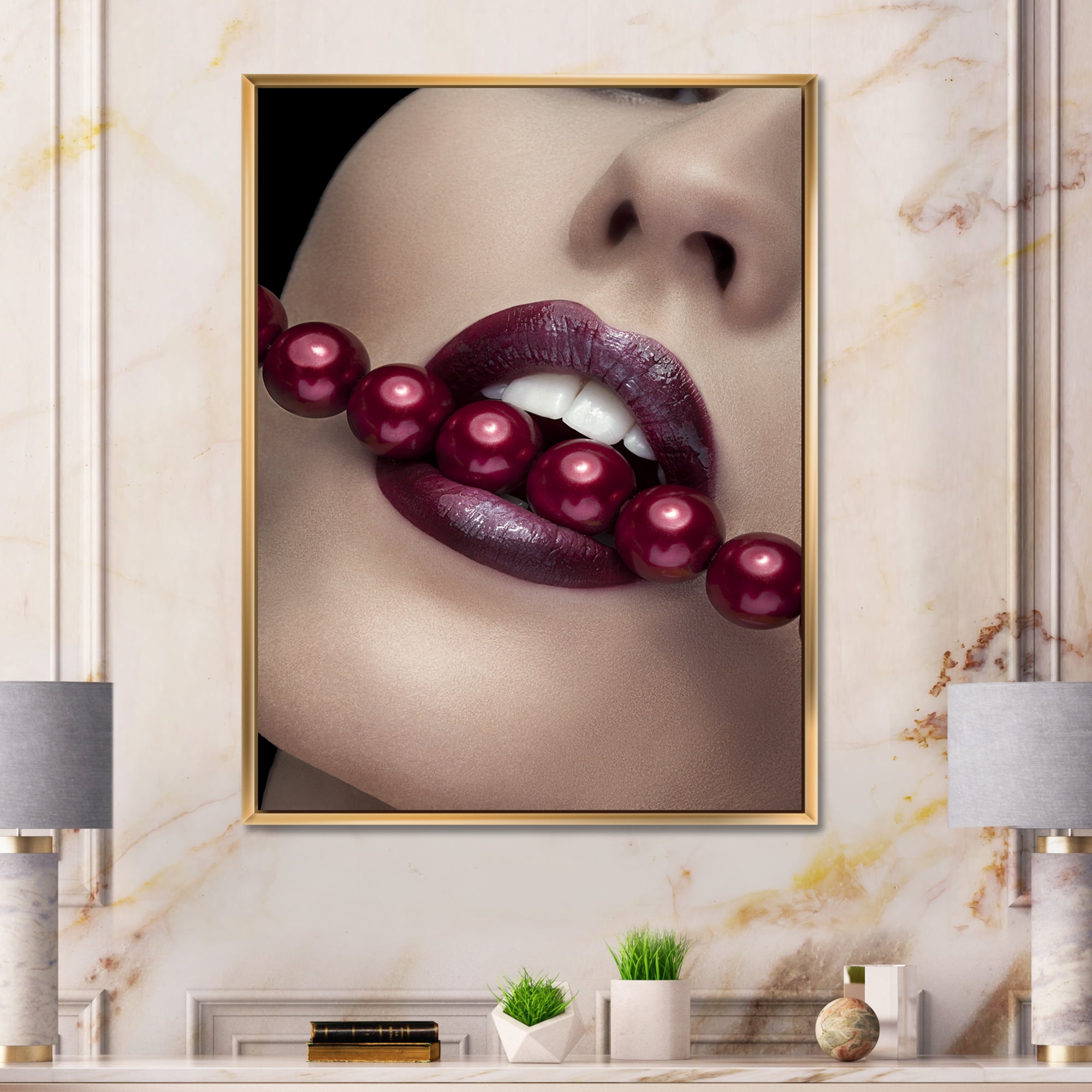Designart 'Girl Bitting With Red Lips With Red Pearls' Modern Framed Canvas Wall Art Print