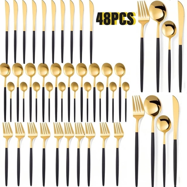 Silverware Set,48-Piece Stainless Steel Flatware Service for 12, Kitchen Accessories Utensils Tableware Cutlery Set,Dishwasher Safe, Glod