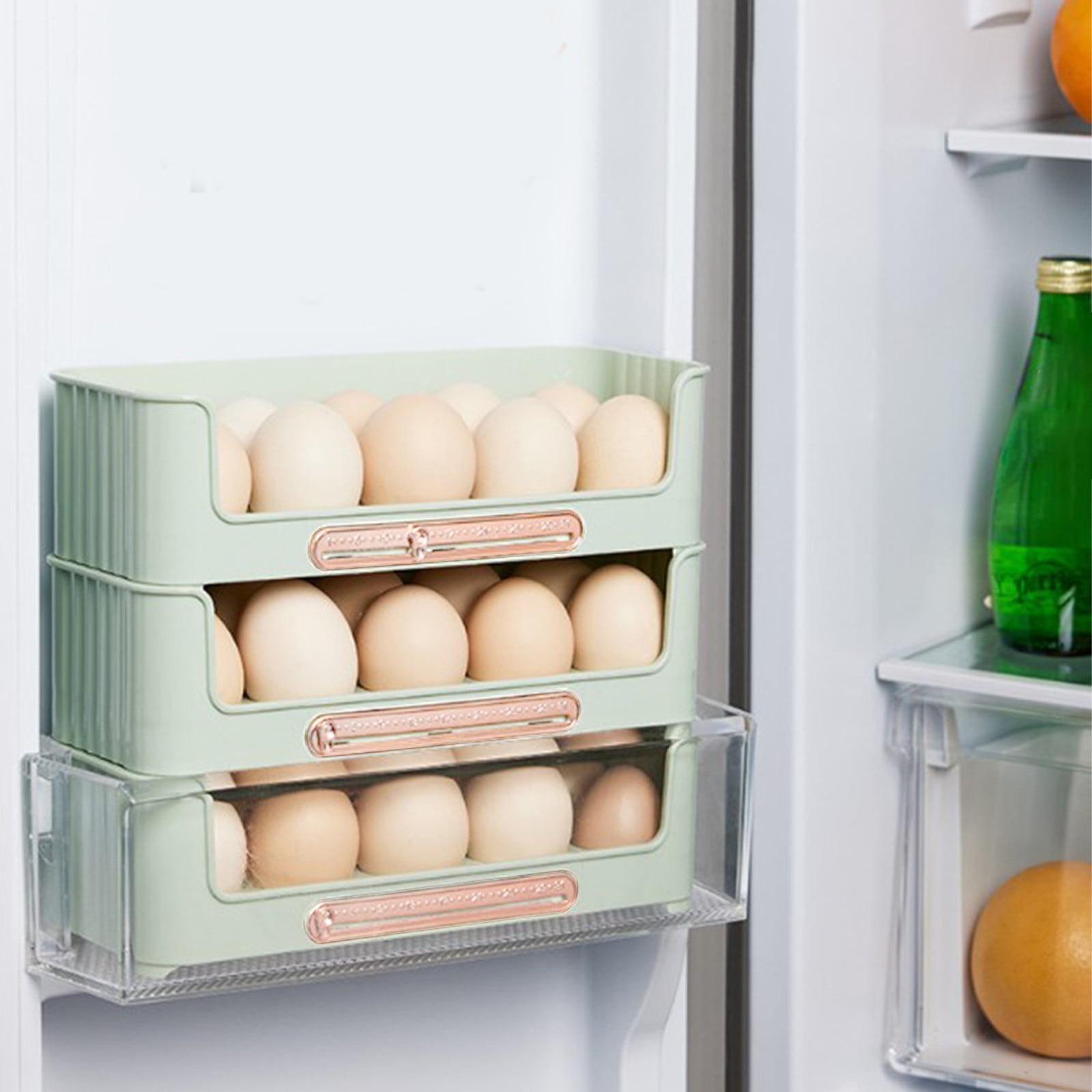 LACKUST 3-Tier Stackable Egg Organizer for Refrigerator Side Door with Date Tracker, Space Saving Fridge Organization, BPA Free Plastic Holder Holds 30 Eggs, Light Green