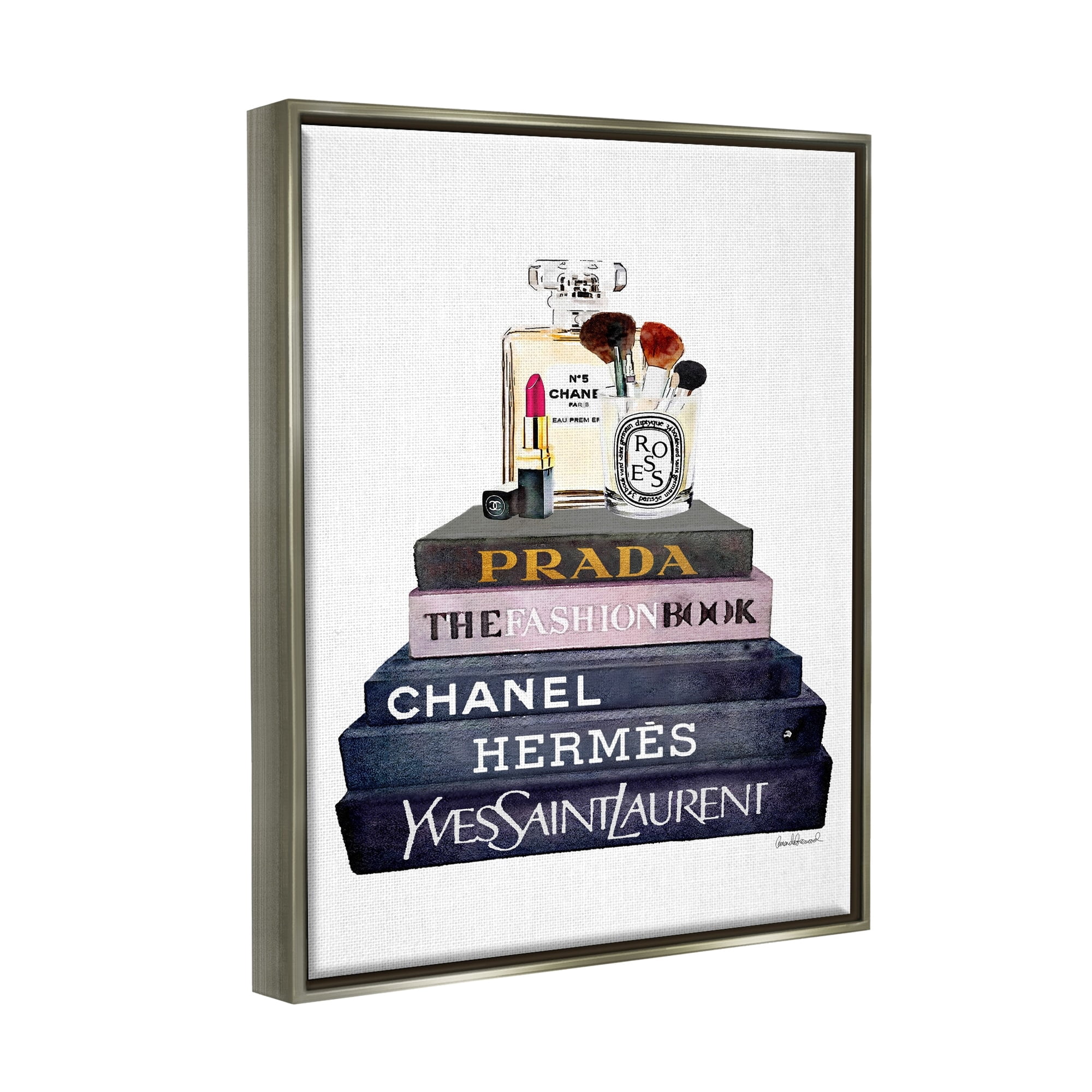 Stupell Industries Glam Fashion Book Set With Makeup Luster Gray Framed Floating Canvas Wall Art, 24x30, by Amanda Greenwood