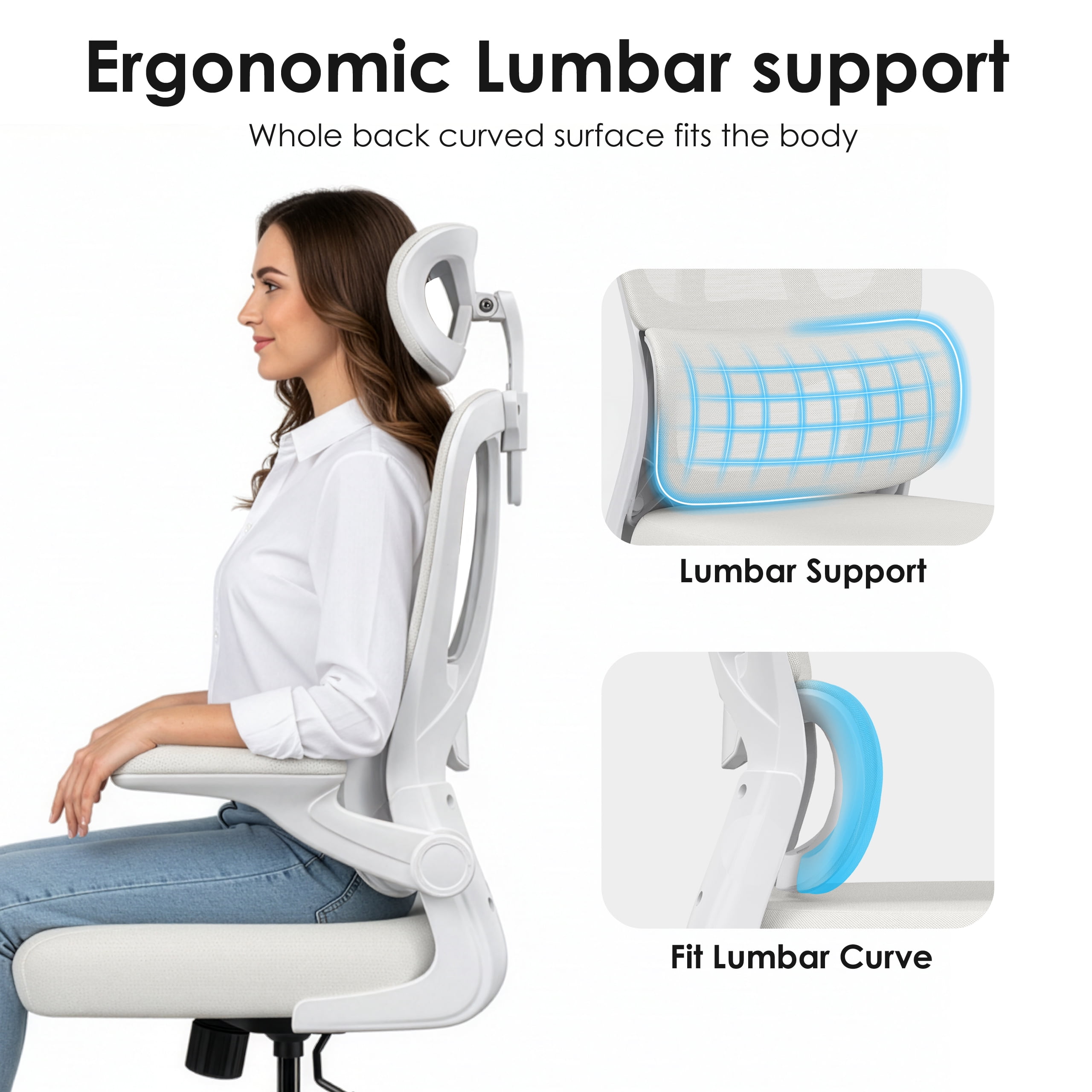 Farini Ergonomic Office Chair, Adjustable High Back Mesh Desk Chair with Lumbar Support, 2D Headrest , Beige