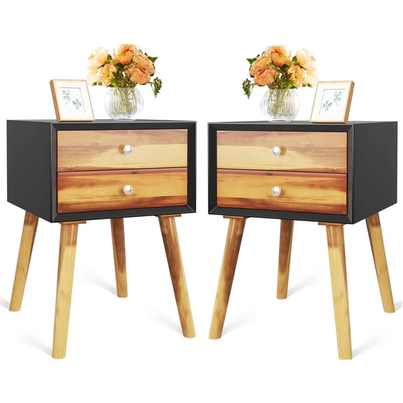 Safeplus 23.5" Nightstand Set of 2 with 2 Drawer, Wood End Side Table for Living Room Bedroom Furniture